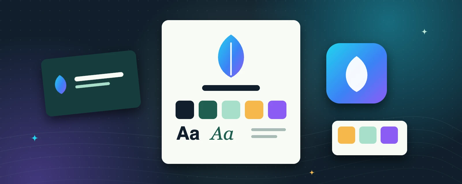 Illustration: a one-page brand style guide with a logo mark, colour palette and font pairing, plus a business card and app icon