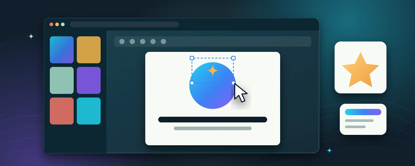 Illustration: an online design editor with template thumbnails, a selected element on the canvas and a star sticker