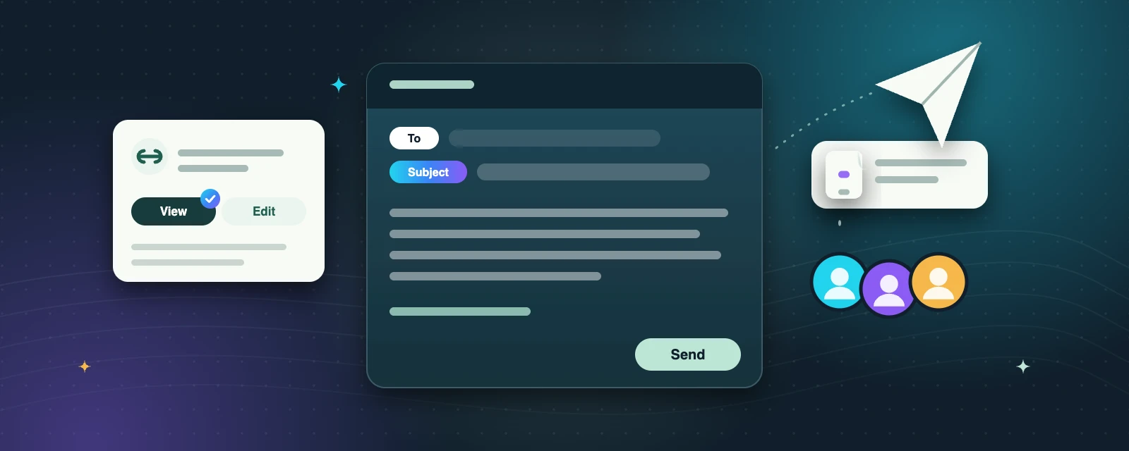 Illustration: an email being written with a clear subject line, a sharing card set to view access, and a paper plane