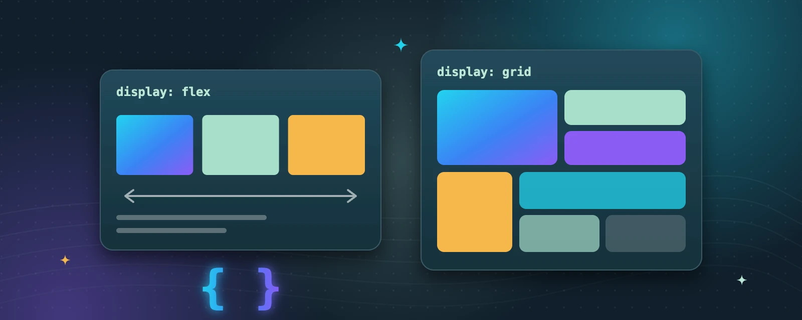 Illustration: a flexbox row of three boxes next to a CSS grid layout of coloured blocks
