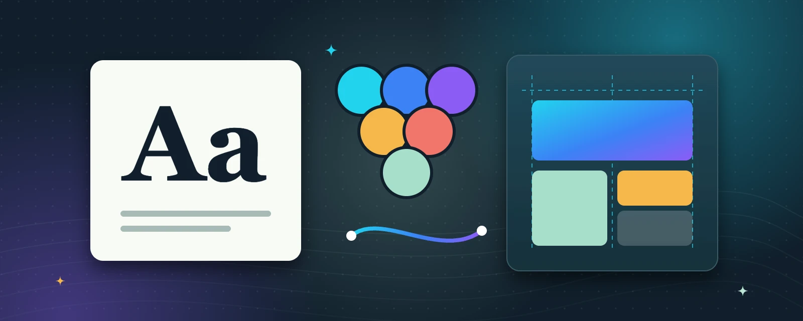 Illustration: a typography card showing Aa, a cluster of colour swatches and a layout grid with alignment guides