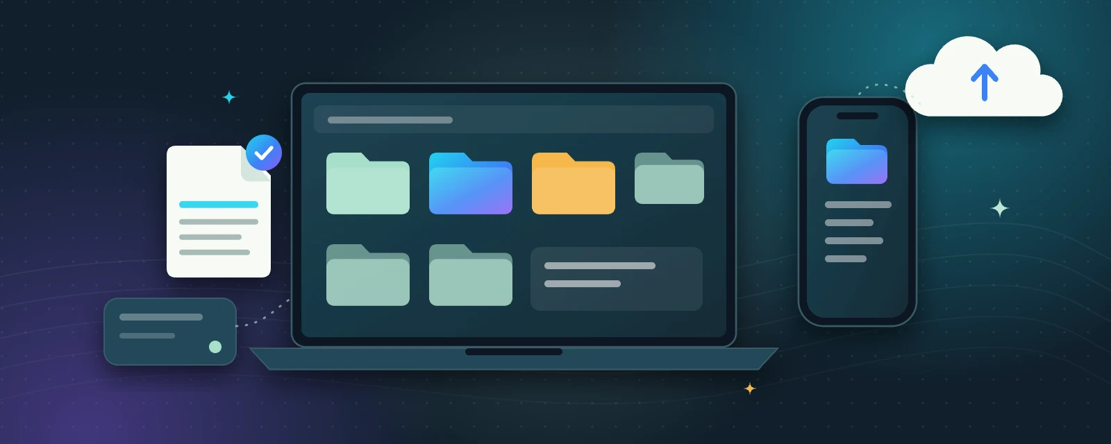 Illustration: a laptop and phone showing neatly organised folders, with a cloud backup and a saved document