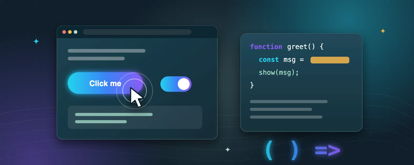 Illustration: a browser with a button being clicked and a toggle switch, next to a JavaScript code card
