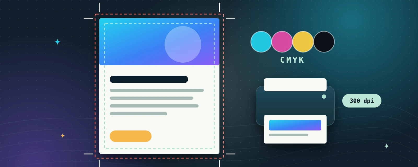 Illustration: a flyer with bleed and safe-margin guides, crop marks, CMYK ink dots and a printer