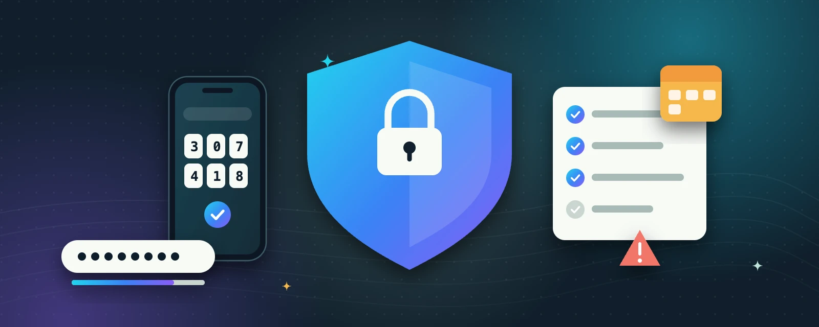 Illustration: a shield with a padlock, a phone showing a sign-in code, a password strength meter and a weekly safety checklist