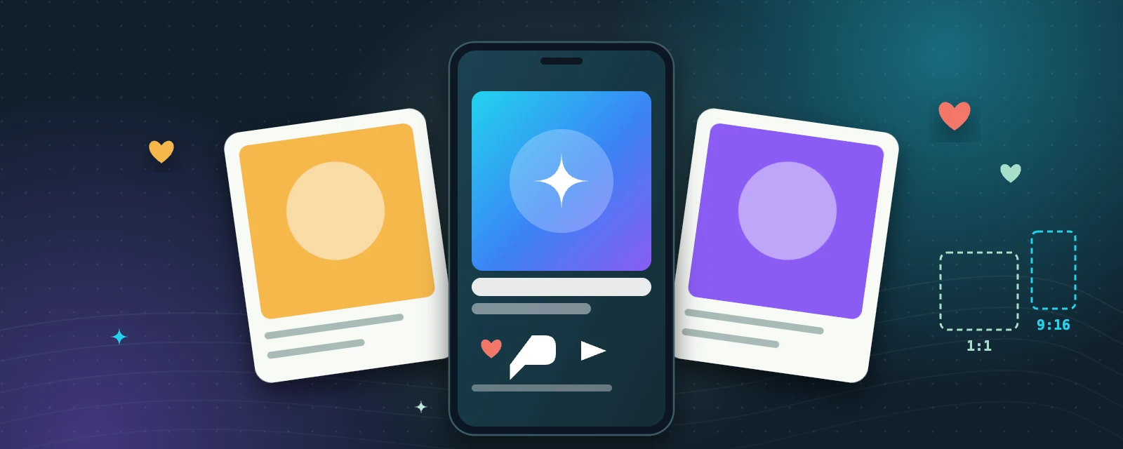 Illustration: a phone showing a social media post with likes, two matching posts and size guides for square and vertical formats