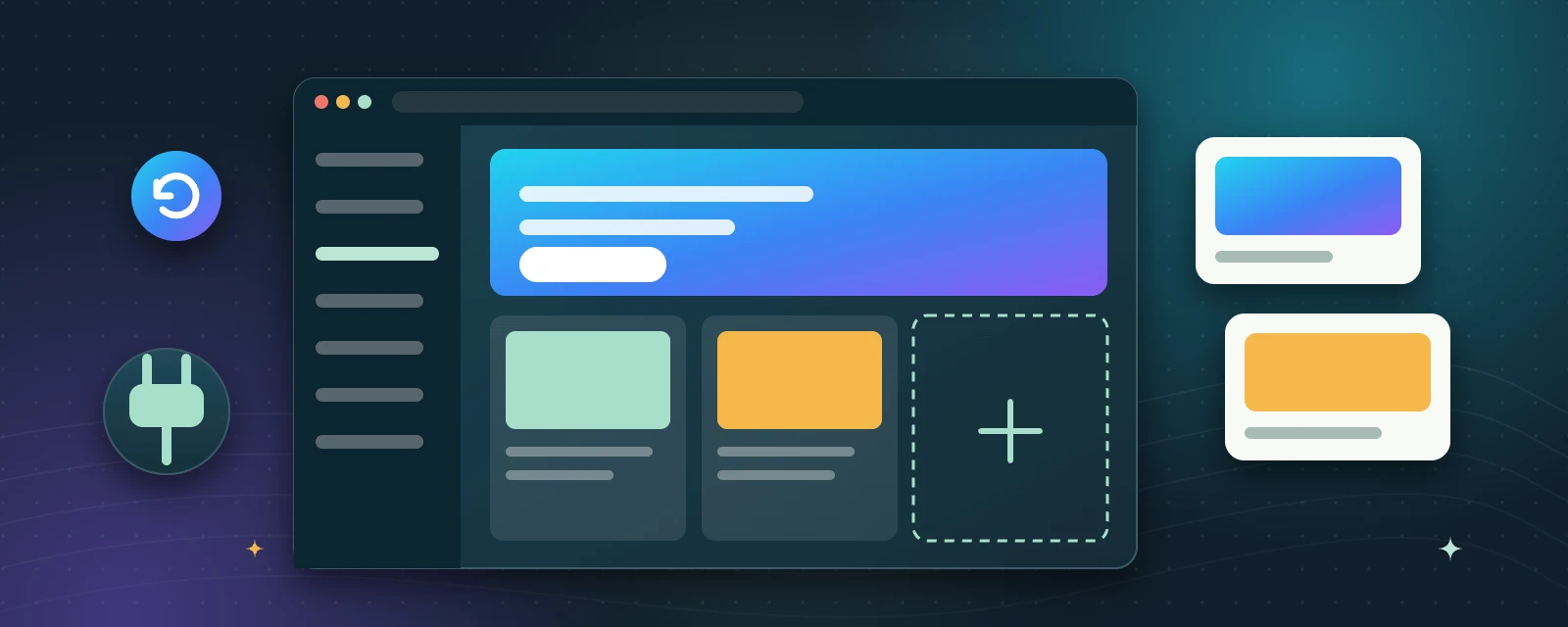 Illustration: a website dashboard with a page being built from blocks, theme cards, a plug icon and an update icon