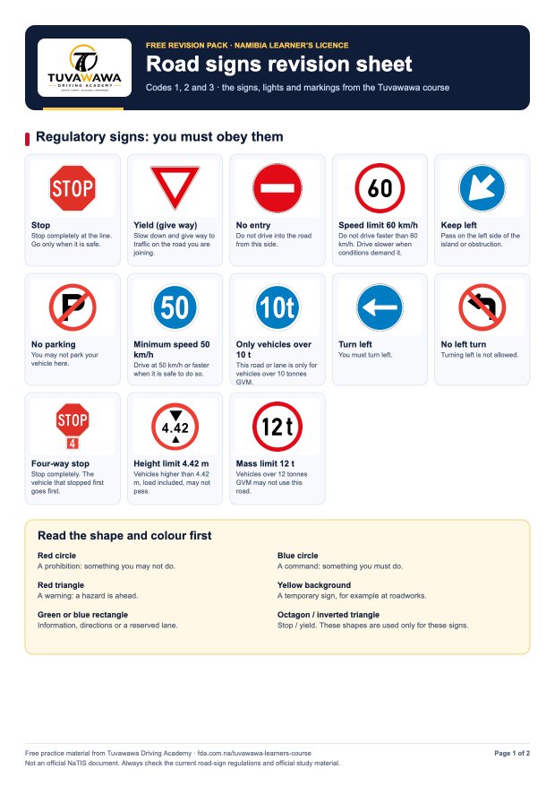 Preview of the road signs revision sheet